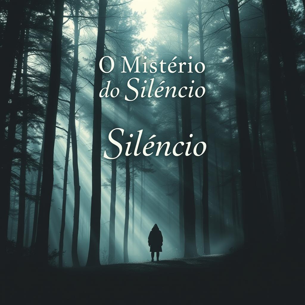 A captivating book cover design for a novel called 'O Mistério do Silêncio' featuring a mysterious and atmospheric forest with tall, dark trees, dappled sunlight filtering through the leaves