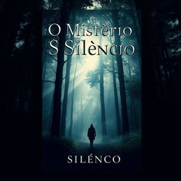 A captivating book cover design for a novel called 'O Mistério do Silêncio' featuring a mysterious and atmospheric forest with tall, dark trees, dappled sunlight filtering through the leaves
