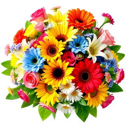 A vibrant and colorful image featuring a beautifully arranged bouquet of assorted flowers in full bloom