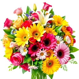 A vibrant and colorful image featuring a beautifully arranged bouquet of assorted flowers in full bloom