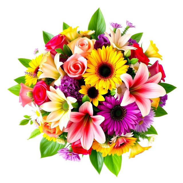 A vibrant and colorful image featuring a beautifully arranged bouquet of assorted flowers in full bloom