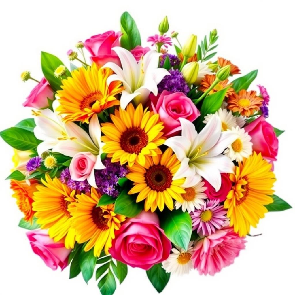 A vibrant and colorful image featuring a beautifully arranged bouquet of assorted flowers in full bloom