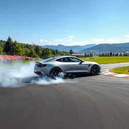 A beautiful scene of a car practicing on a race track, showcasing a stunning landscape in the background