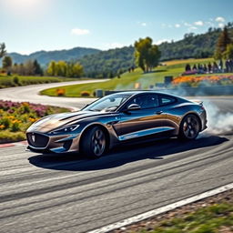 A beautiful scene of a car practicing on a race track, showcasing a stunning landscape in the background