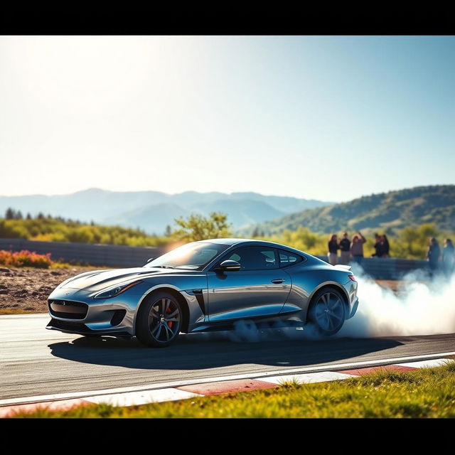 A beautiful scene of a car practicing on a race track, showcasing a stunning landscape in the background