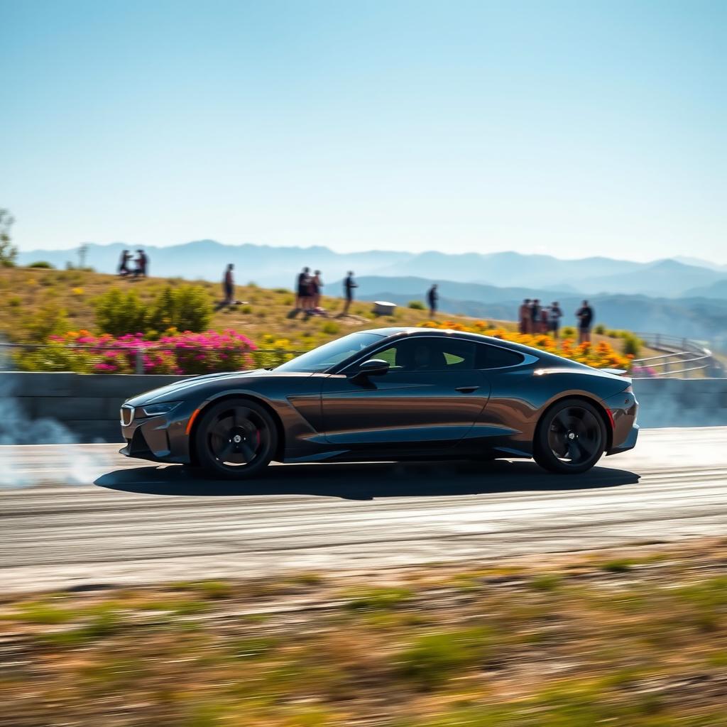 A beautiful scene of a car practicing on a race track, showcasing a stunning landscape in the background