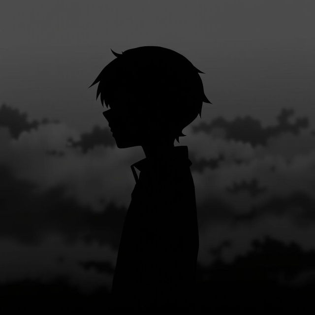 A melancholic anime boy standing sideways, showcasing half of his face in profile