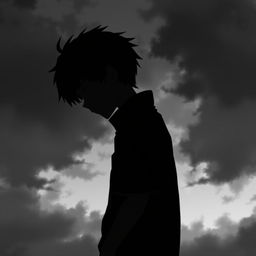 A melancholic anime boy standing sideways, showcasing half of his face in profile