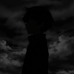 A melancholic anime boy standing sideways, showcasing half of his face in profile