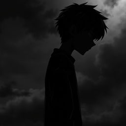 A melancholic anime boy standing sideways, showcasing half of his face in profile