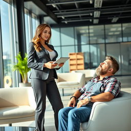 A beautiful woman with large breasts, dressed in an elegant business suit, stands confidently in a modern office environment