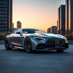 A futuristic 2025 Mercedes car designed by Mansory, showcasing an innovative, luxurious exterior with aerodynamic lines and a bold front grille