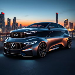 A futuristic 2025 Mercedes car designed by Mansory, showcasing an innovative, luxurious exterior with aerodynamic lines and a bold front grille