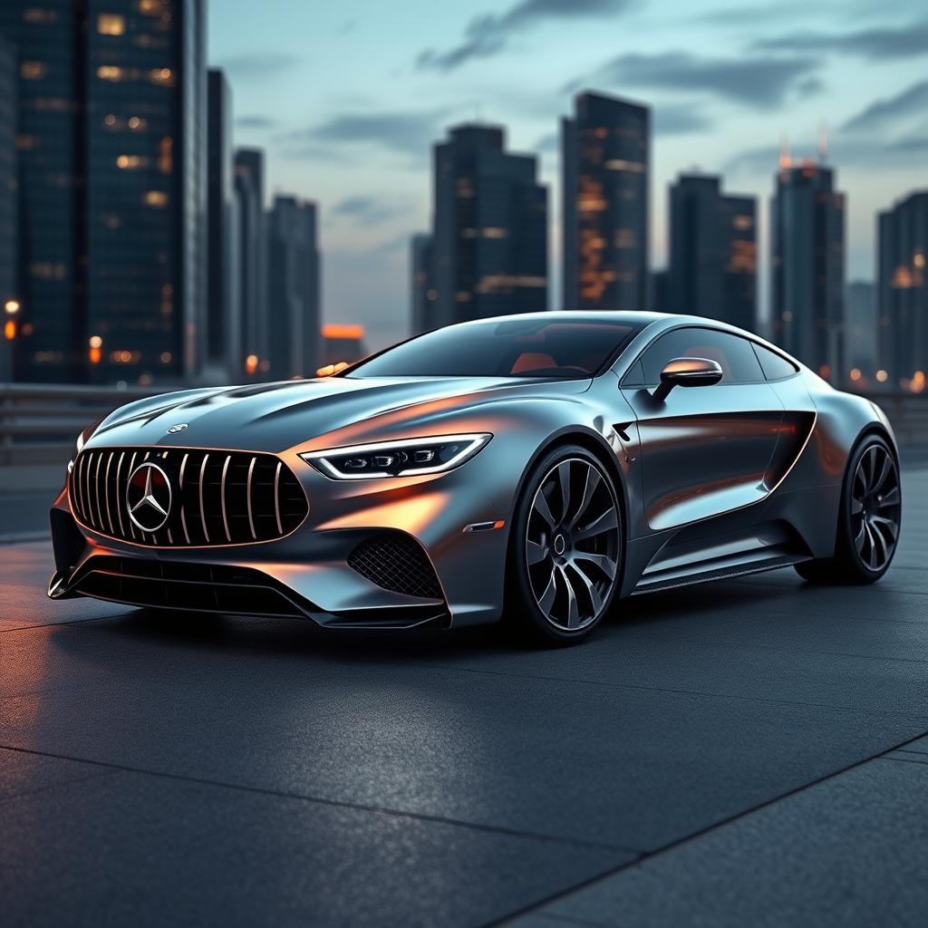 A futuristic 2025 Mercedes car designed by Mansory, showcasing an innovative, luxurious exterior with aerodynamic lines and a bold front grille