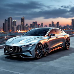 A futuristic 2025 Mercedes car designed by Mansory, showcasing an innovative, luxurious exterior with aerodynamic lines and a bold front grille