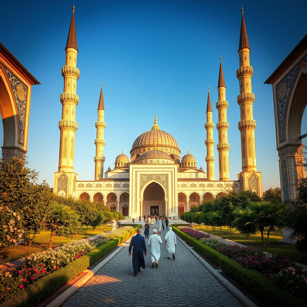 A stunning view of an ornate Islamic mosque, featuring intricate geometric patterns and detailed arabesques