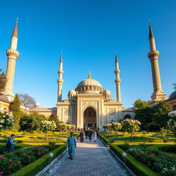 A stunning view of an ornate Islamic mosque, featuring intricate geometric patterns and detailed arabesques
