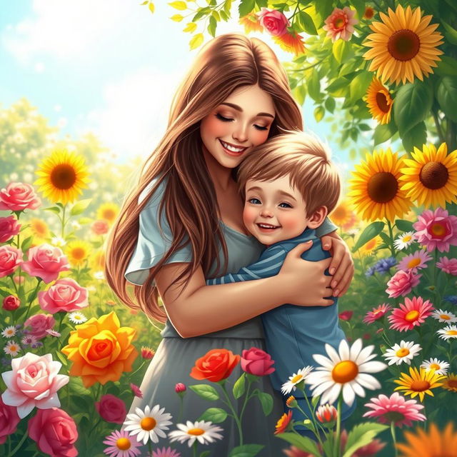 A heartwarming digital painting of a loving mother and her young son in a vibrant flower garden