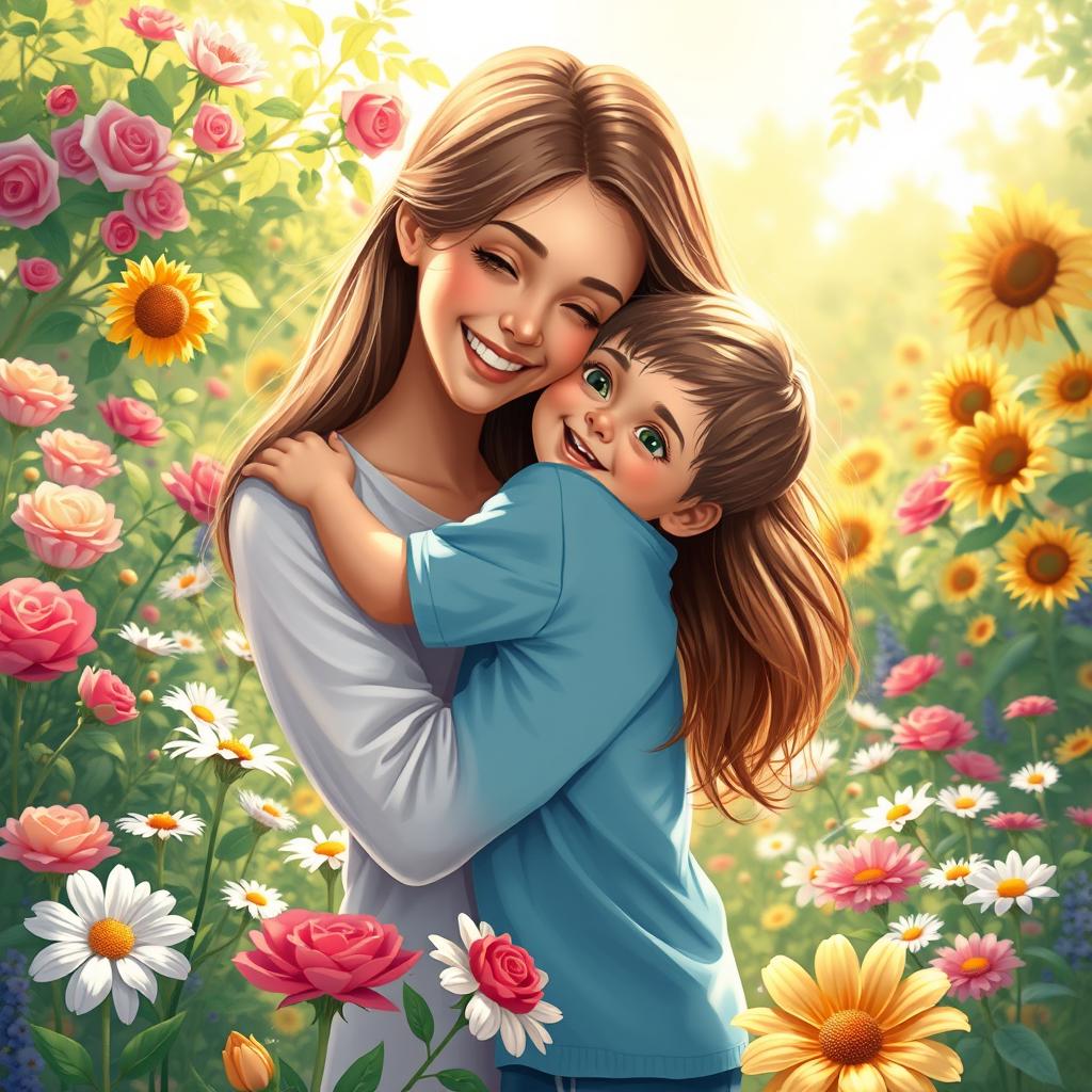 A heartwarming digital painting of a loving mother and her young son in a vibrant flower garden