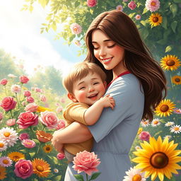 A heartwarming digital painting of a loving mother and her young son in a vibrant flower garden