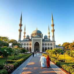 A stunning view of an ornate Islamic mosque, featuring intricate geometric patterns and detailed arabesques