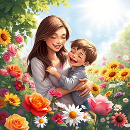 A heartwarming digital painting of a loving mother and her young son in a vibrant flower garden