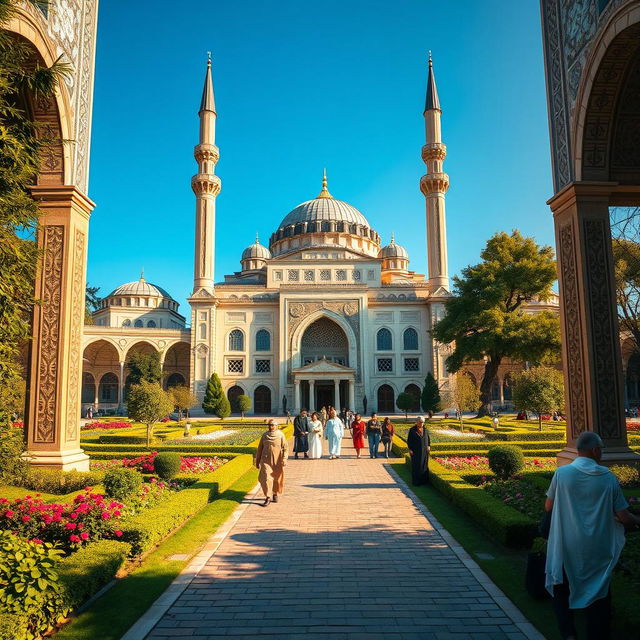 A stunning view of an ornate Islamic mosque, featuring intricate geometric patterns and detailed arabesques