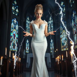 A full length photograph of a tall, sad yet alluring young woman with a thin face, radiating sweetness and innocence