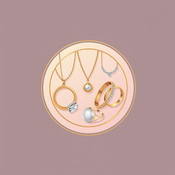 A stylish and elegant icon for an accessory website, featuring a combination of jewelry pieces like necklaces, bracelets, and rings artfully arranged within a circular badge