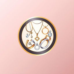 A stylish and elegant icon for an accessory website, featuring a combination of jewelry pieces like necklaces, bracelets, and rings artfully arranged within a circular badge