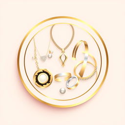 A stylish and elegant icon for an accessory website, featuring a combination of jewelry pieces like necklaces, bracelets, and rings artfully arranged within a circular badge