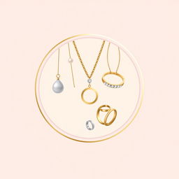 A stylish and elegant icon for an accessory website, featuring a combination of jewelry pieces like necklaces, bracelets, and rings artfully arranged within a circular badge
