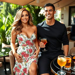 A glamorous scene featuring Jennifer Lopez and Cristiano Ronaldo enjoying a sunny afternoon at a luxurious outdoor café