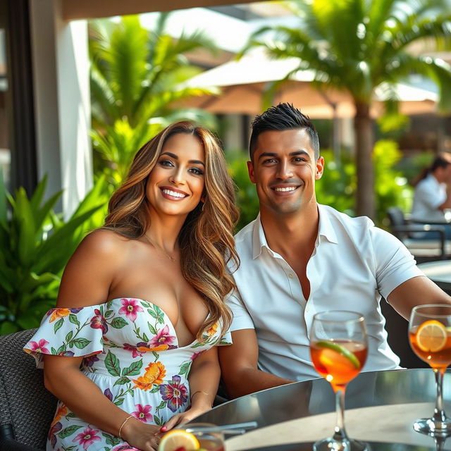 A glamorous scene featuring Jennifer Lopez and Cristiano Ronaldo enjoying a sunny afternoon at a luxurious outdoor café