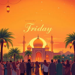 An elegant and vibrant illustration capturing the essence of Friday, featuring a serene sunset with warm golden light casting long shadows
