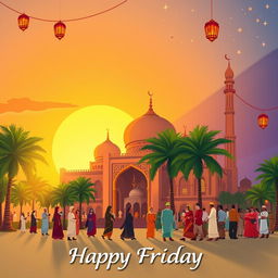 An elegant and vibrant illustration capturing the essence of Friday, featuring a serene sunset with warm golden light casting long shadows
