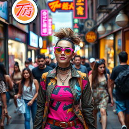 A vibrant pop artist walking confidently through a bustling urban environment, surrounded by a lively crowd
