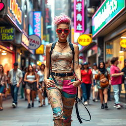 A vibrant pop artist walking confidently through a bustling urban environment, surrounded by a lively crowd