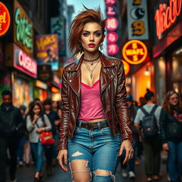 A vibrant pop artist walking confidently through a bustling urban area, dressed in a stylish leather jacket and trendy denim jeans