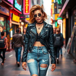 A vibrant pop artist walking confidently through a bustling urban area, dressed in a stylish leather jacket and trendy denim jeans