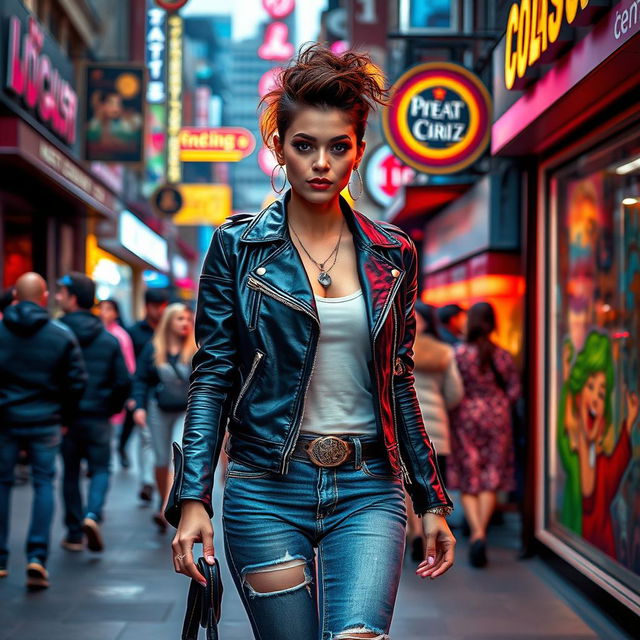 A vibrant pop artist walking confidently through a bustling urban area, dressed in a stylish leather jacket and trendy denim jeans