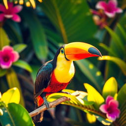 A vibrant and colorful toucan perched on a branch, surrounded by lush tropical foliage