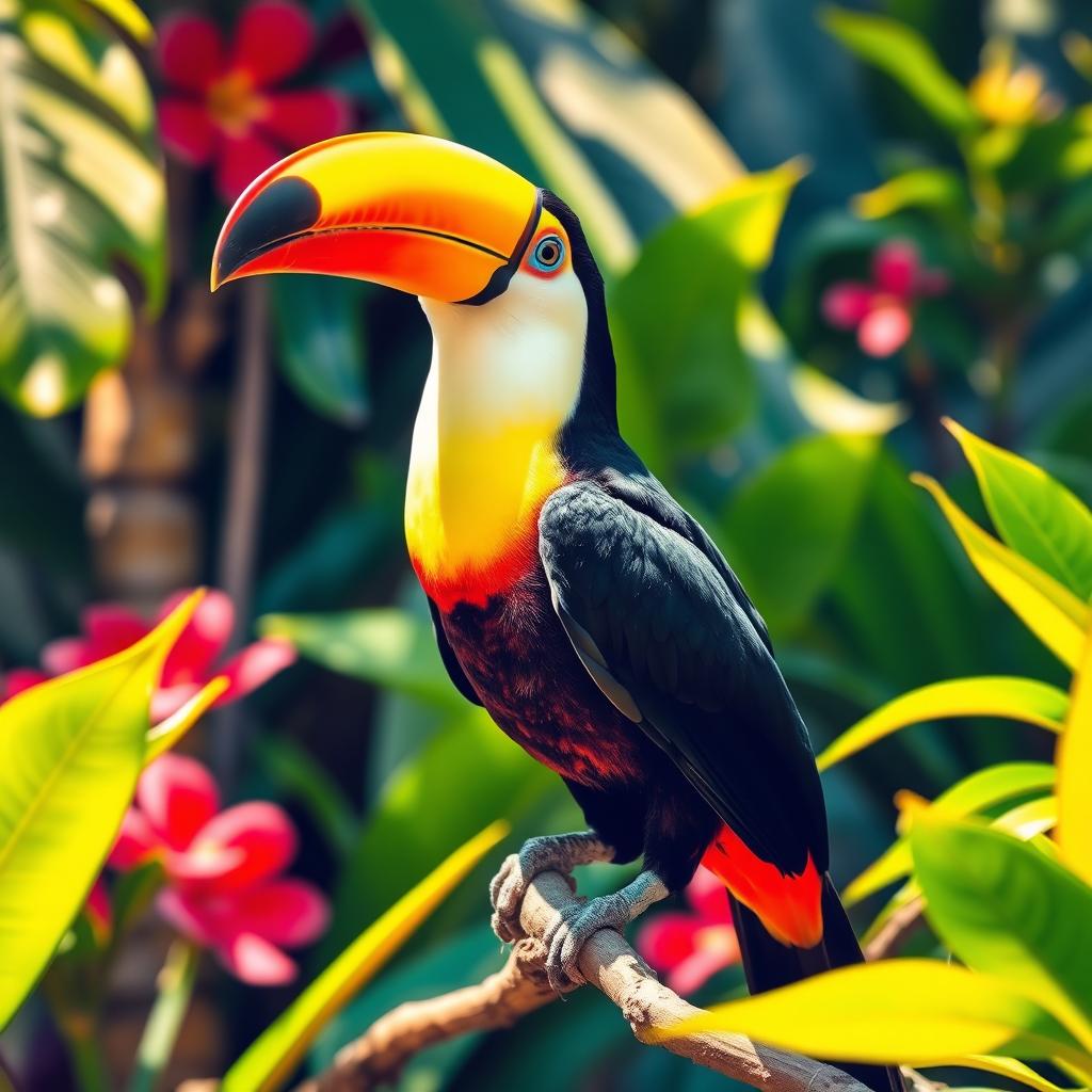 A vibrant and colorful toucan perched on a branch, surrounded by lush tropical foliage