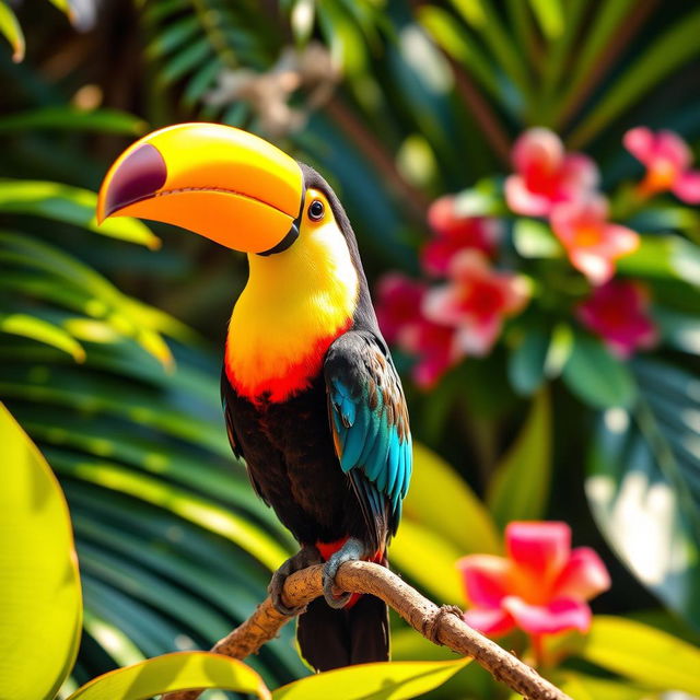 A vibrant and colorful toucan perched on a branch, surrounded by lush tropical foliage