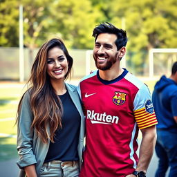 A beautiful woman standing next to Lionel Messi, in a vibrant outdoor setting, showcasing a joyful interaction