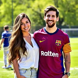 A beautiful woman standing next to Lionel Messi, in a vibrant outdoor setting, showcasing a joyful interaction
