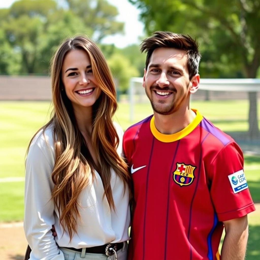 A beautiful woman standing next to Lionel Messi, in a vibrant outdoor setting, showcasing a joyful interaction