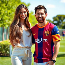 A beautiful woman standing next to Lionel Messi, in a vibrant outdoor setting, showcasing a joyful interaction