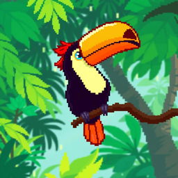 A pixel art representation of a toucan perched on a branch, showcasing vibrant and colorful feathers with a large, bold beak