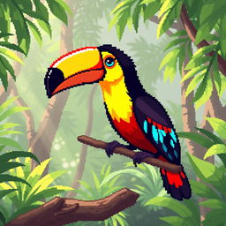 A pixel art representation of a toucan perched on a branch, showcasing vibrant and colorful feathers with a large, bold beak